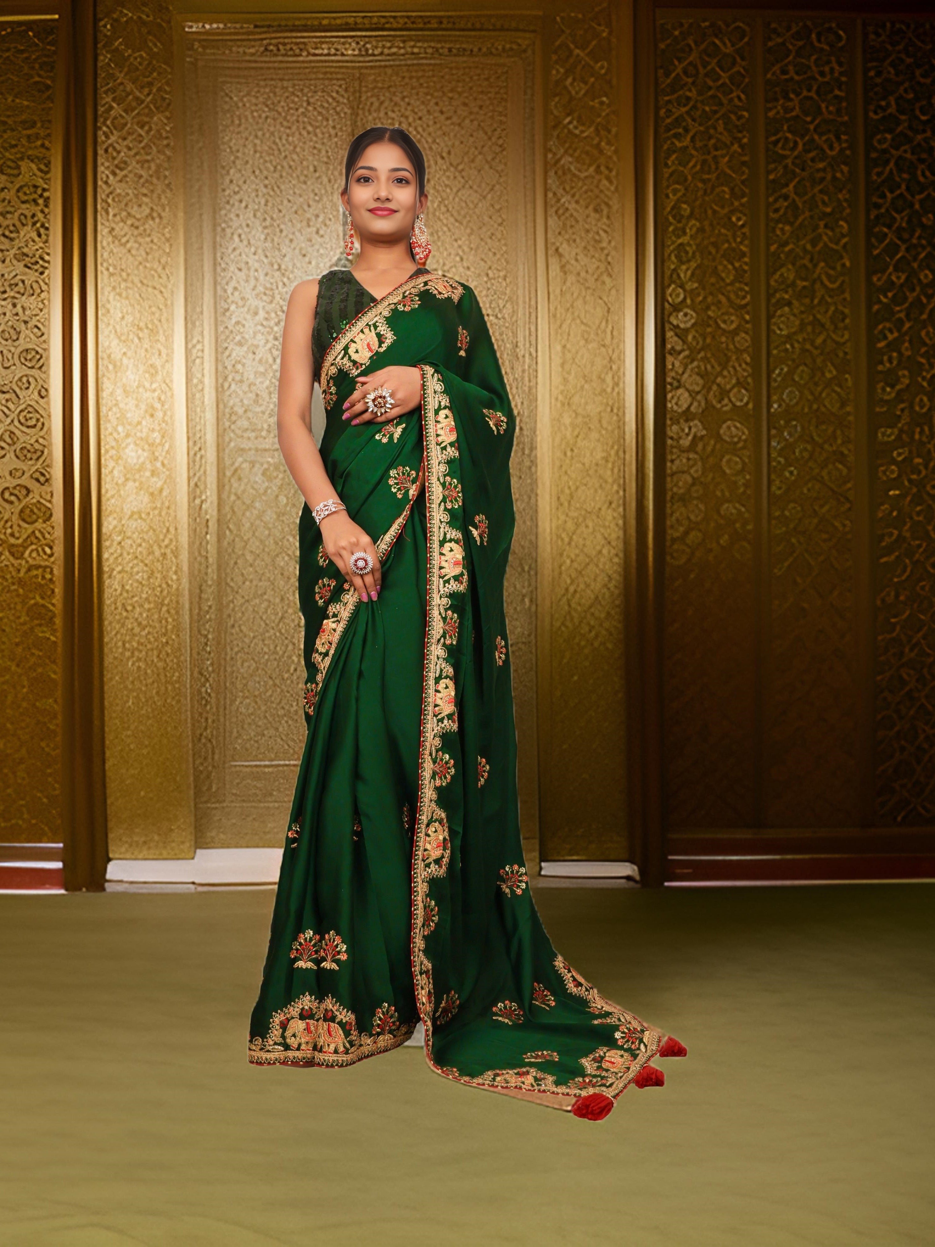 Designer Saree with Kundan & Embroidery Work by Shreekama