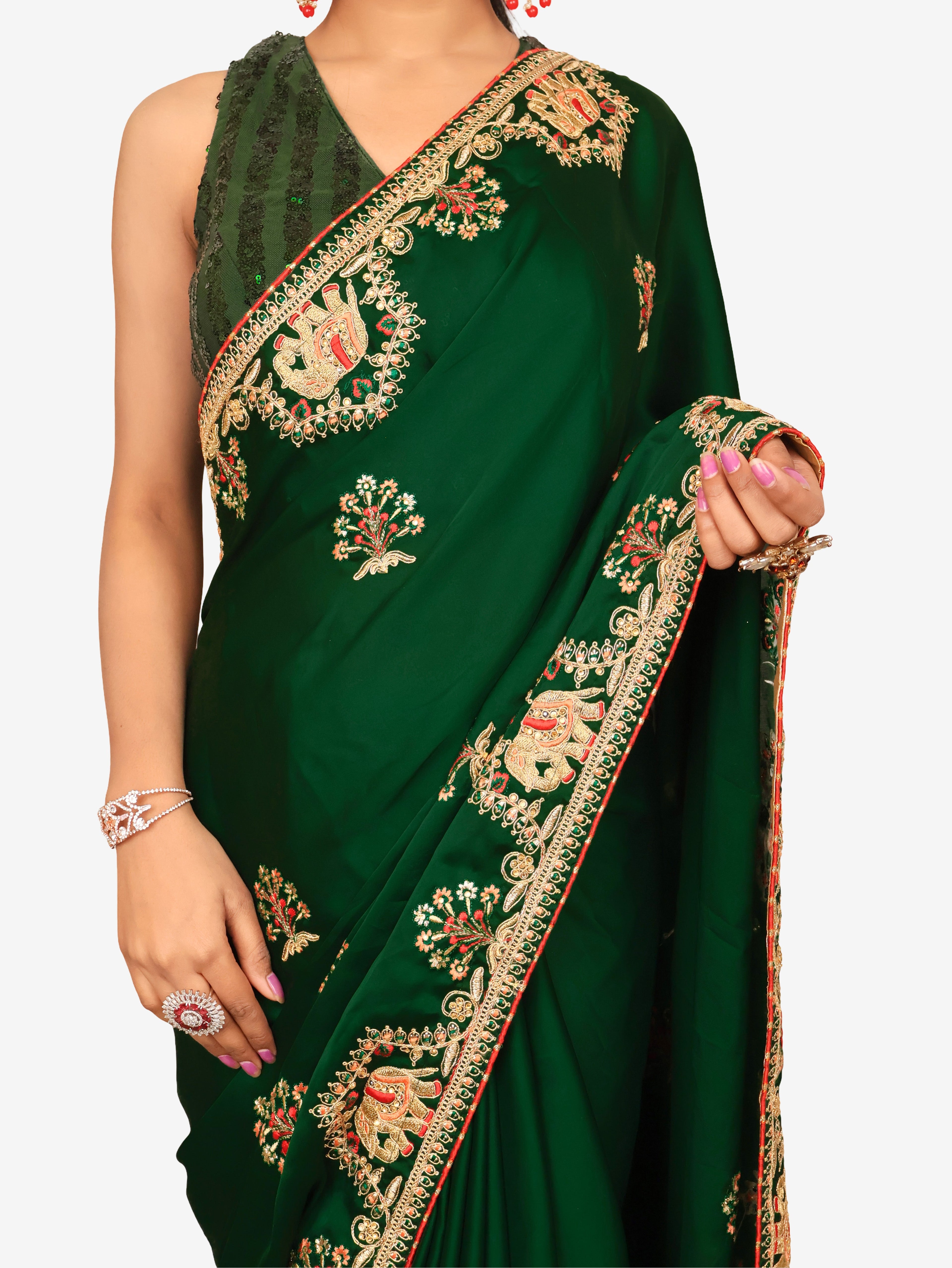 Designer Saree with Kundan & Embroidery Work by Shreekama